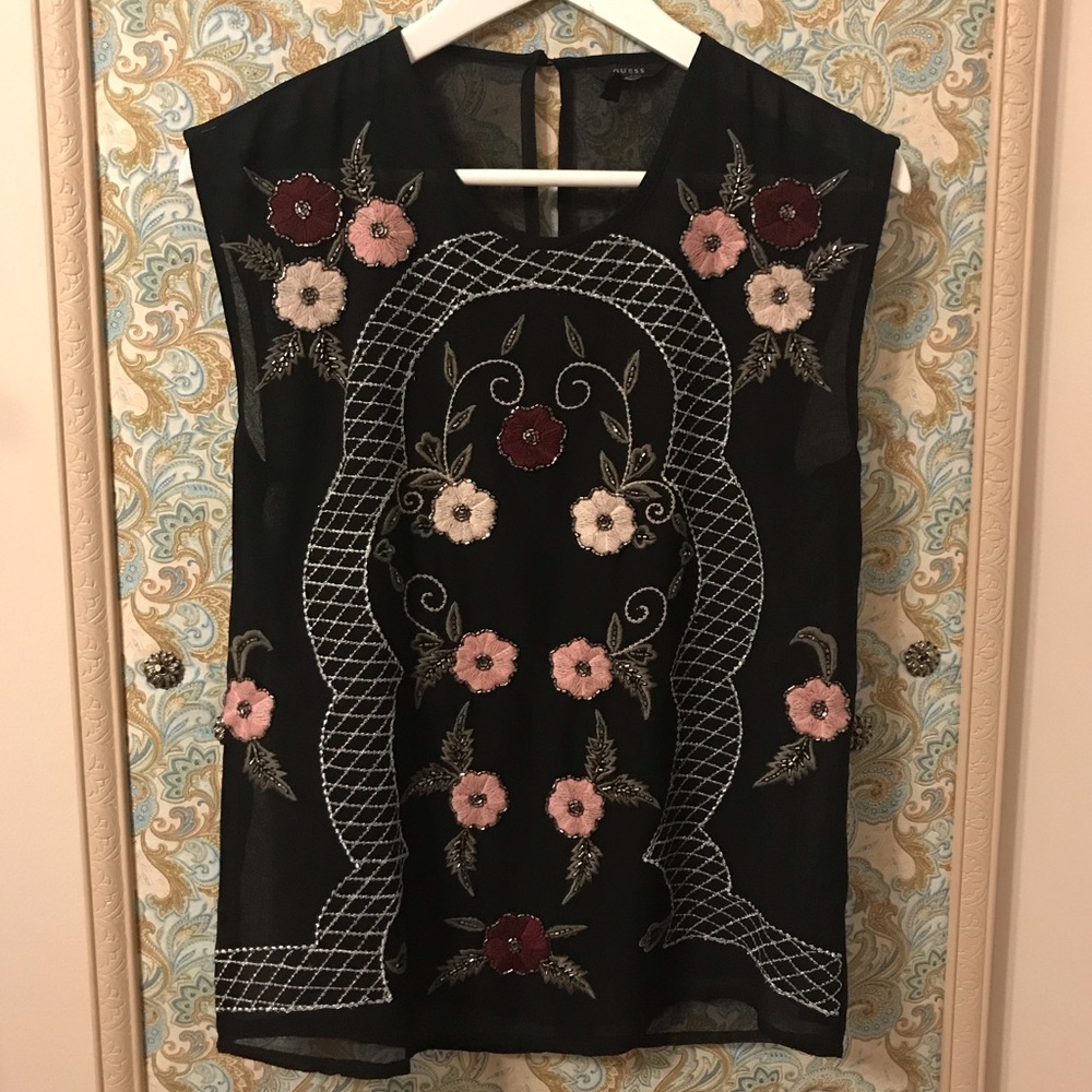 GUESS Flower Embellished Top in Sheer Black